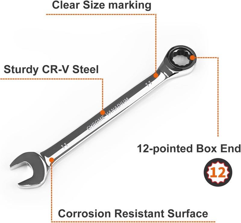 Egofine 11mm Ratcheting Combination Wrench Metric, Industrial Grade Gear Spanner with 12-Point Design, 72-Tooth Ratchet, Chrome Vanadium Steel - Image 2